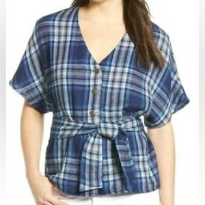 Caslon blue plaid soft dolman sleeve button top size M petite